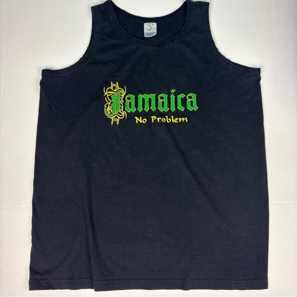 Vintage Jamaica No Problem Men's Large Tank Top Tropix Black Embroidered Green
